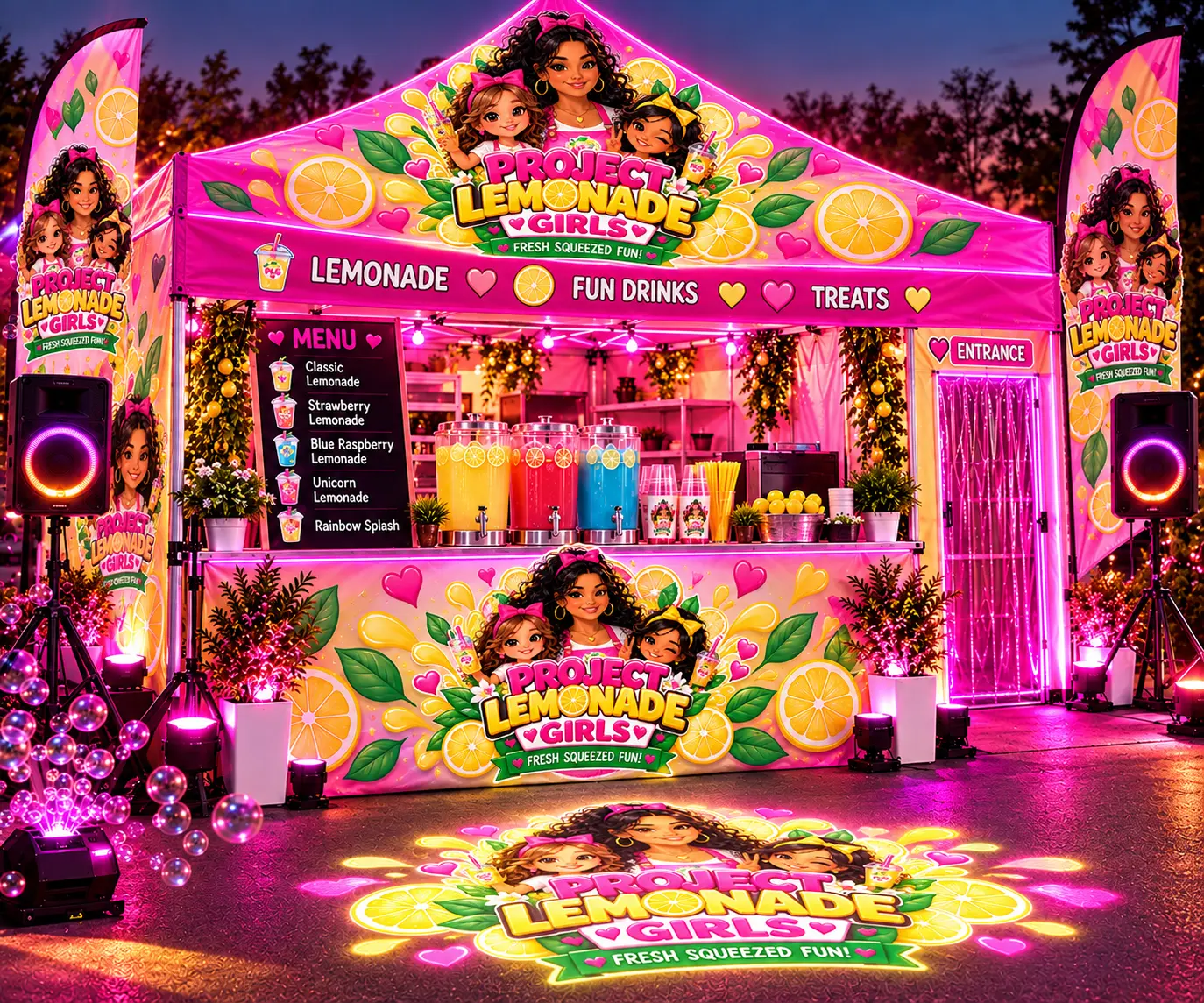 Planned May 2027 launch design for the customized pink Project Lemonade Girls tent with LED lighting, feather flags, speakers, a bubble machine, and a glowing logo projection