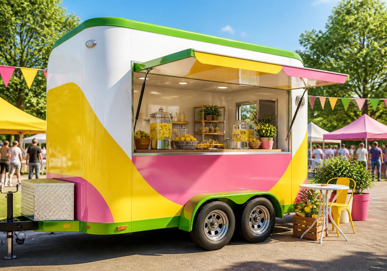 Concept rendering of a pink, yellow and green mobile lemonade concession trailer at an outdoor event
